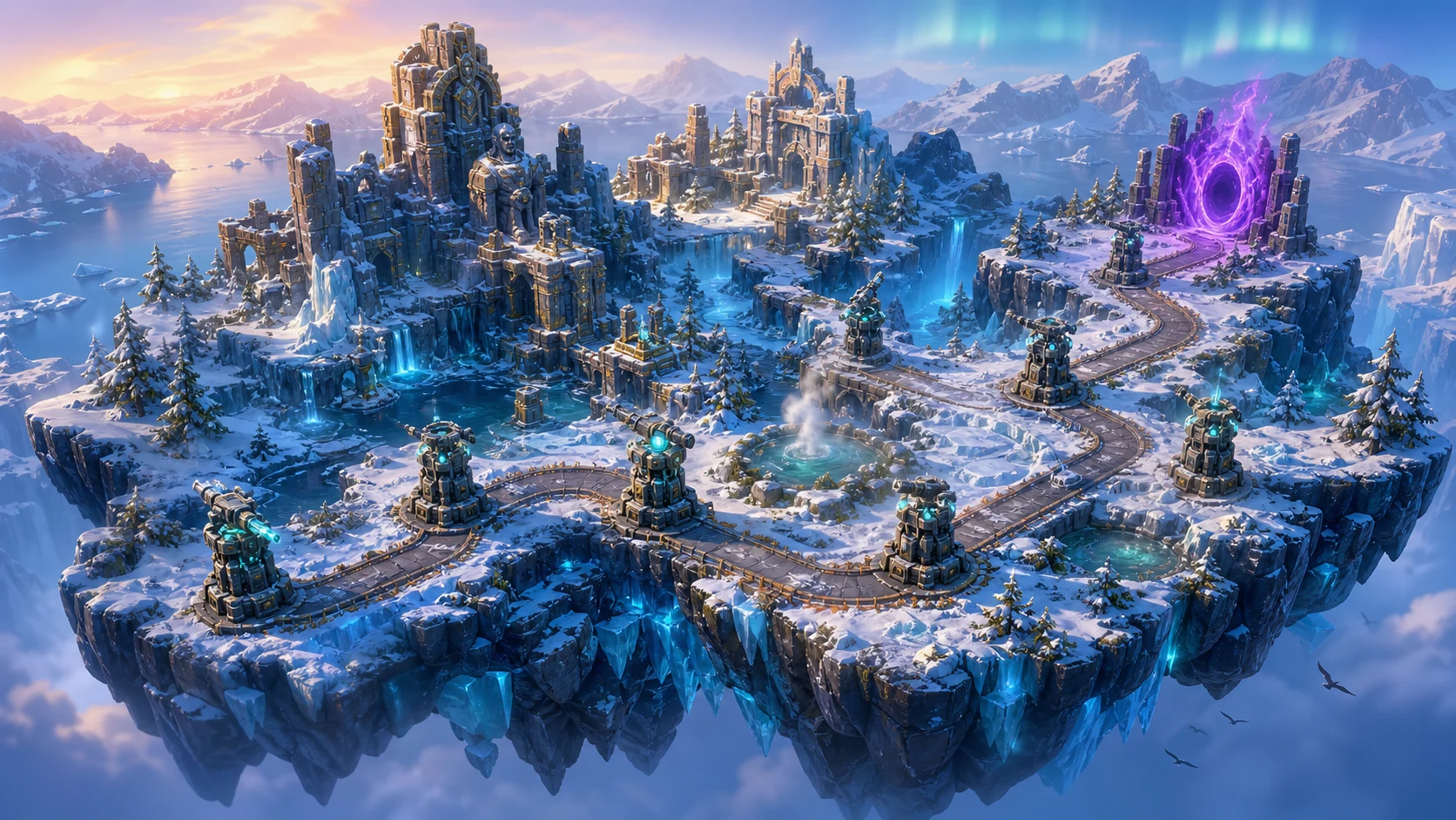 An icy platform world of frozen forests, hot springs, and monumental ruins under Riftborn attack