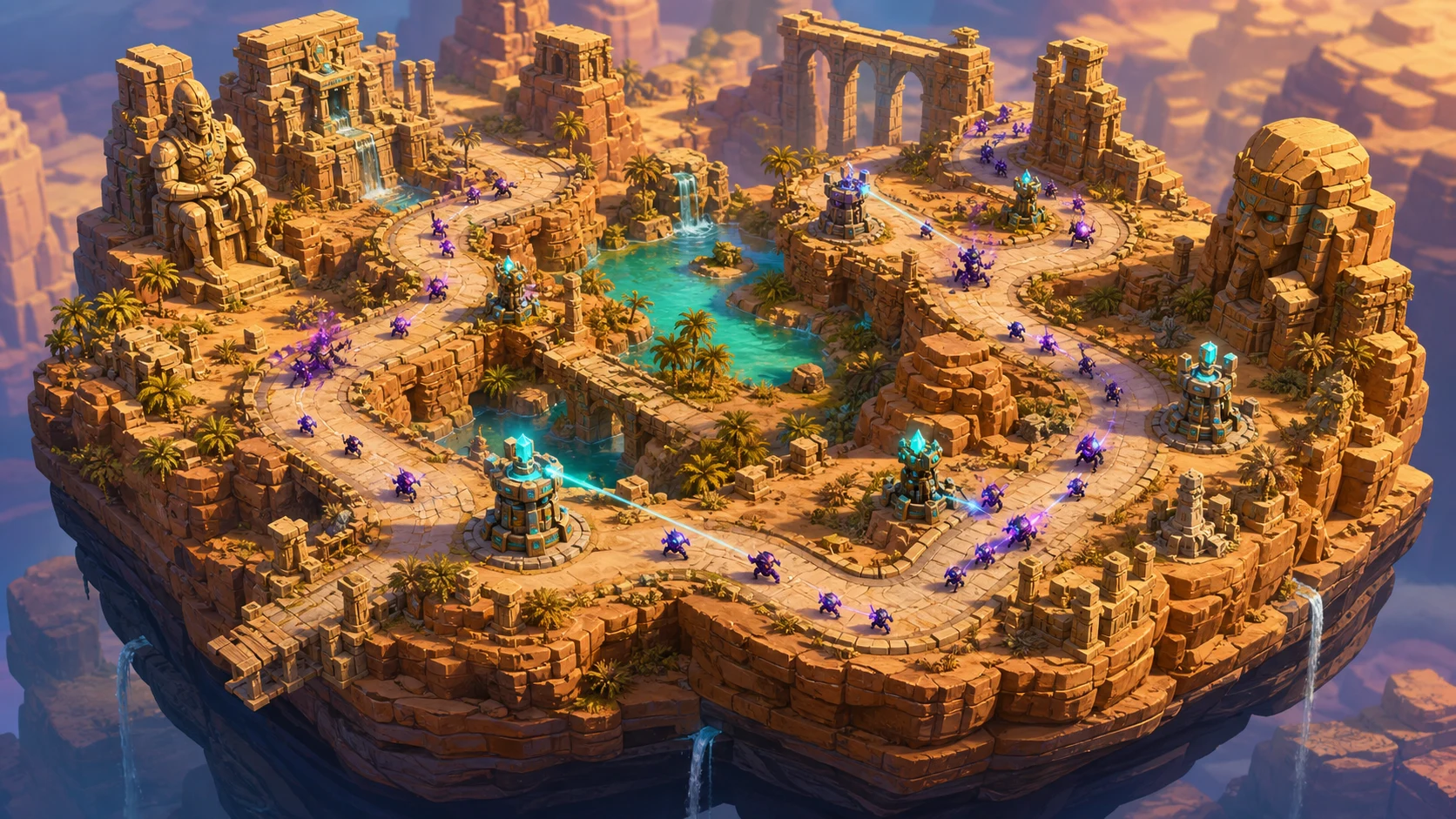 A sunlit desert platform battlefield threaded through ancient statues, aqueducts, and an oasis