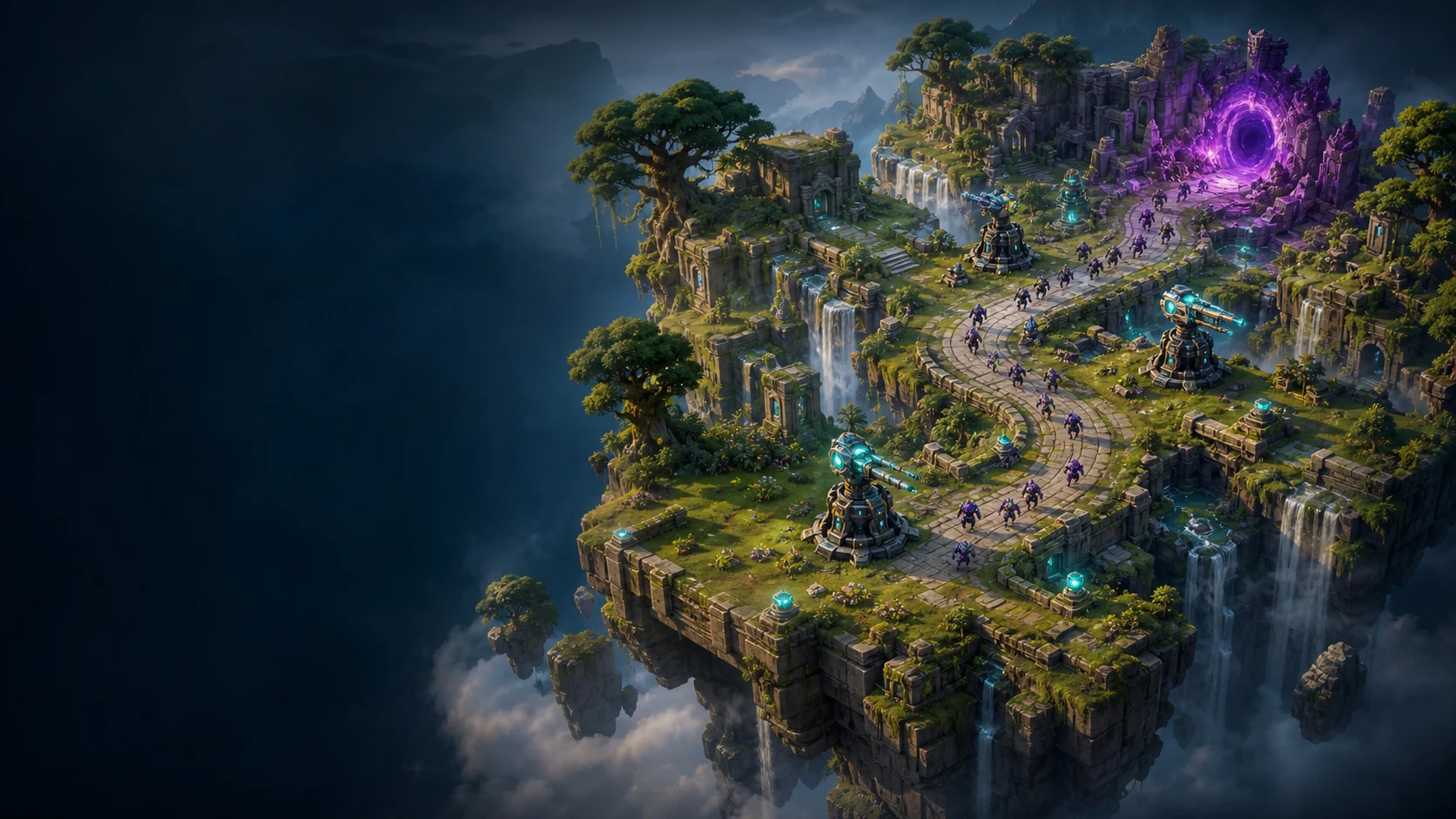 A verdant floating platform world of waterfalls and ancient ruins defended by cyan-lit towers